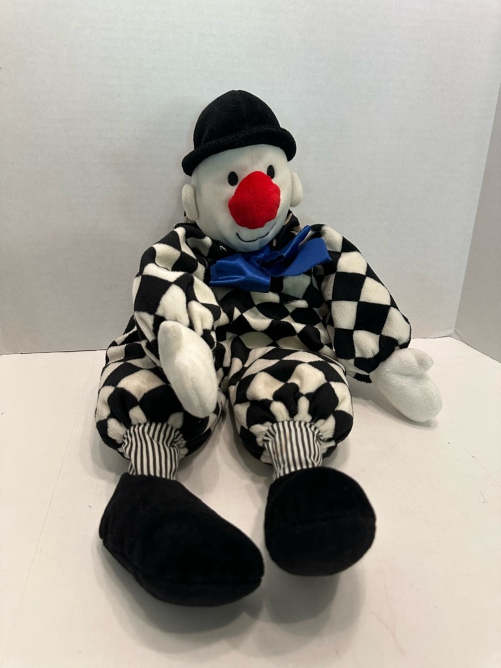 Checkers the Clown Soft Doll Toy with Red Nose and Blue Bow Vintage